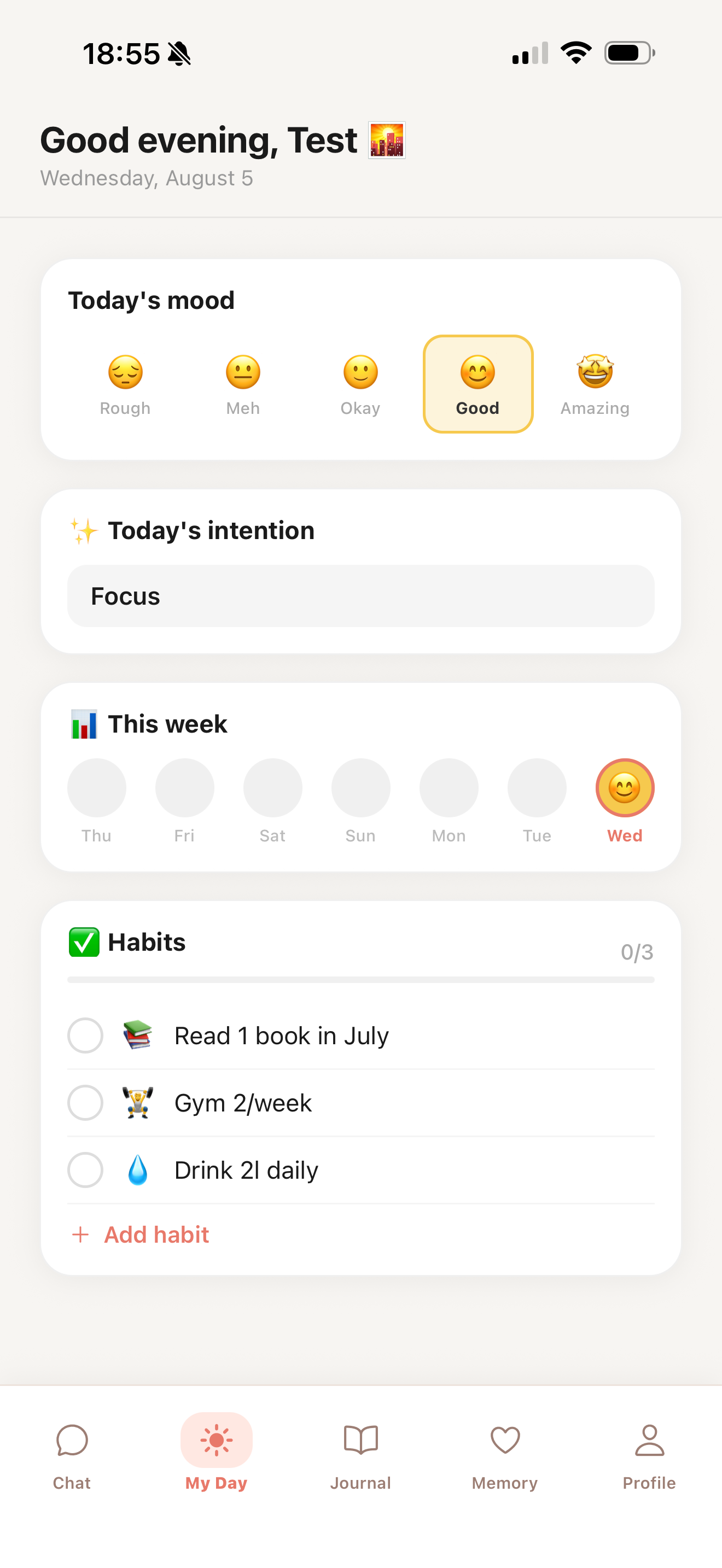 Daily home screen with mood, intention, and habits